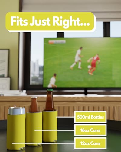 Image of PartyPrints 200 Pack Yellow Blank Slim Can Cooler Sleeves | Plain Seltzer Customizable Bulk Coolers for Beer Bottles & 12oz Tall Cans | Skinny Collapsible Drink Insulated Sleeve