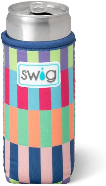 Swig Life Skinny Can Coolie, 12oz Slim Can Holder, Neoprene Insulated Cup Cooler with Pocket, Covers for Tall Beer Bottles, Beach Accessories for Women (Brite Stripe)