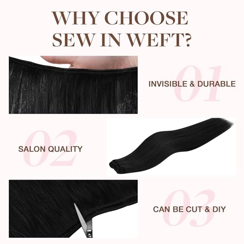 Image of GOO GOO Sew in Hair Extensions Real Human Hair, Weft Hair Extensions Human Hair, 1 Jet black 16inch 120g, Weft Bundles Straight Silky Remy Hair