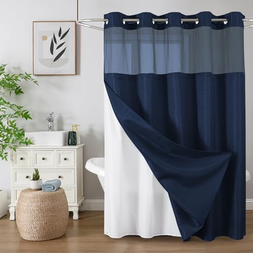 Colorful Star No Hook Shower Curtain with Snap in Fabric Liner Waffle Weave Heavy Duty Thick Shower Curtains with Mesh Top Window Hotel Style Waterproof Bathroom Curtain Set 72 x 75 Inch Navy Blue