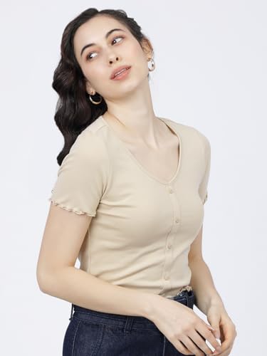 Image of Tokyo Talkies Women's Regular Fit Tshirts | Solid | Short Sleeves |V Neck | Western Tshirts
