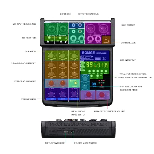 Image of BOMGE 4 Channel mini DJ Audio Sound Mixer Interface with MP3 USB Bluetooth Stereo Recording 48V Phantom Power 99 DSP for karaoke, performance, church singing podcas streaming