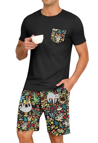 Image of PrinStory Mens Summer Pajamas Set Lightweight Pjs Sets Short Sleeve Pajama Shorts Set Soft Sleepwear Loungewear with Pockets