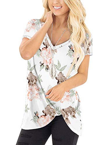 Sampeel Camiseta feminina casual com gola V, modelo túnica, blusa com nó, 11-peony White, M