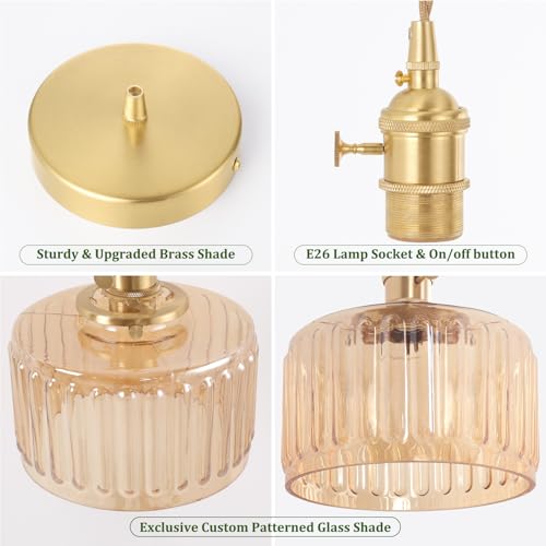 Image of Shenmoyl Pendant Light with Amber Striped Glass Lmapshade, Brass Vintage Pendant Light Adjustable Hanging Light for Kitchen Island Dining Room Hallway