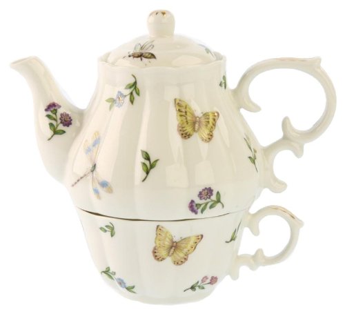Gracie China Olivia's Dragonflies 3-Piece Porcelain Tea For One, Stacked Teapot and Cup