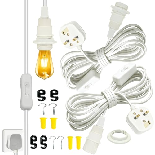 Image of Plug in Pendant Lighting 2PCS, 4.5M Lamp Cable with Switch and Plug, White Hanging Lights with Lock Ring for DIY Lampshade, E14 Bulb Holder Plug in Ceiling Light Fixture for Living Room Plant Kitchen