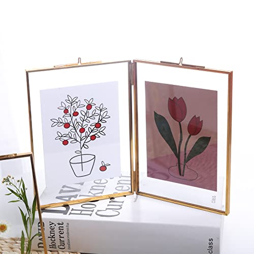 Swthony Hinged Double 5X7 Brass Picture Frames Gold Vintage Style Glass Folding Photo Frame Tabletop/Memorial Picture Frame For Pressed Flowers, Artwork, Certificate, Plants, Specimen #TOP2