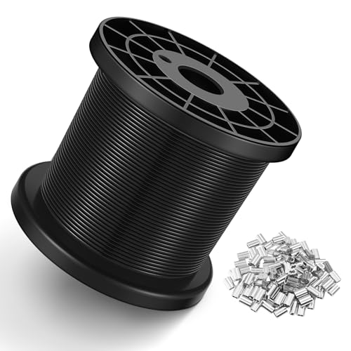 KALLSDY Black Vinyl Coated Wire Rope 1/16", 500FT 304 Stainless Steel Cable with 150PCS Aluminum Crimping Loop Sleeves for String Light Cable, Clotheslines, Trellis and Light Picuture Hanging