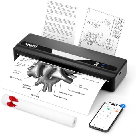 vretti Mobiler Drucker A4 für Unterwegs,Thermodrucker A4 ohne Tinte | kompatibel mit Windows/macOS/iOS/Android,Tragbarer Drucker unterstützt 210x297mm Thermopapier für Zuhause,Büro
