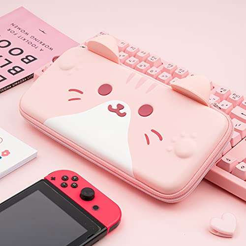 Geekshare スイッチ収納ケース との互換性あり Switch1/OLED 収納バッグ スイッチ収納ボックス 全面保護 持ち運び便利 ゲームカード10枚収納可能 かわいい猫 収納ケース 薄型 ピンク