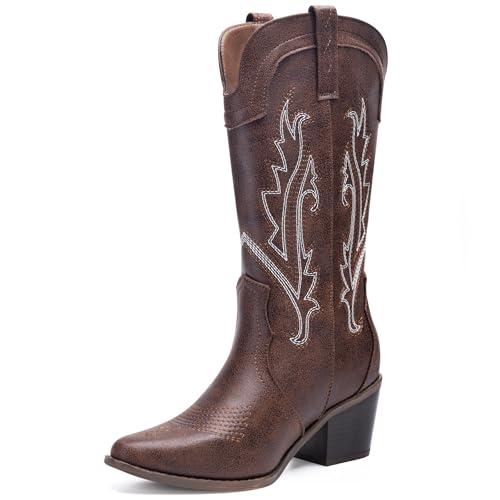 Solestique Women's Cowboy Boots Pointed Toe Western Boots Embroidered Mid-Calf Chunky Block Heel Cowgirl Boots