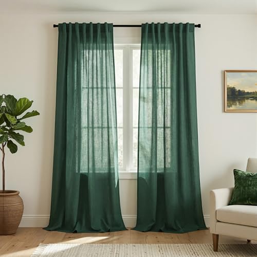 Mrs.Naturall Hunter Green Linen Curtains 84 Inches Long for Living Room, Back Tab Semi Sheer Forest Green Curtain Drapes 2 Panels Set for Bedroom, Dark Emerald, Cortinas Verdes para Sala