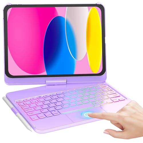 MMK Clavier pour iPad 11/10ème Génération (11 Pouces A16 2025/10.9 Pouces 2022), Èclairage Coloré à 7 Couleurs & Réveil/Veille Automatique, Smart Trackpad avec Porte-Stylet, Clavier Français AZERTY