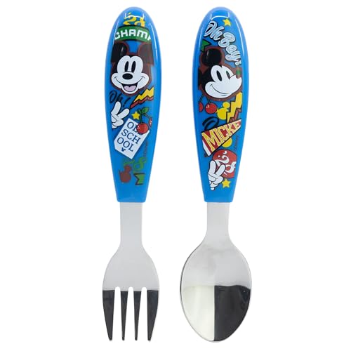 Conjunto de 2 talheres infantis de aço inoxidável, composto por garfo e colher de Mickey