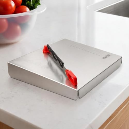Image of Clazkit Stainless Steel Chopping Board with Attached Knife | Cutting Board for Fruits & Vegetables| Non-Slip Kitchen Cutting Mat | Portable Food Prep Board | 1 Pc