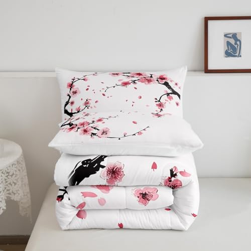 Image of Feelyou Cherry Blossoms Traditional Comforter Set King Size Bedding | Adults Japanese Sakura Flower Botanical Style Duvet Set Bedroom Decor Warm Cozy Breathable Lightweight All Season