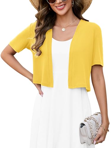 Moodclo Breathable Short Sleeve Light Yellow Bolero Shrug Sweater Open Front Cropped Cardigan Lightweight Knit 2026