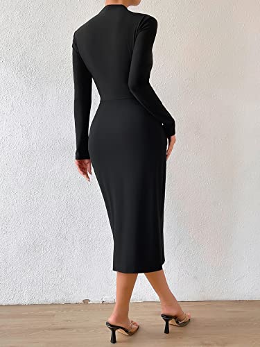 Sweatyrocks Women's Elegant Long Sleeve Mock Neck Solid Dress Ruched Split Bodycon Midi Dresses Black M #TOP1