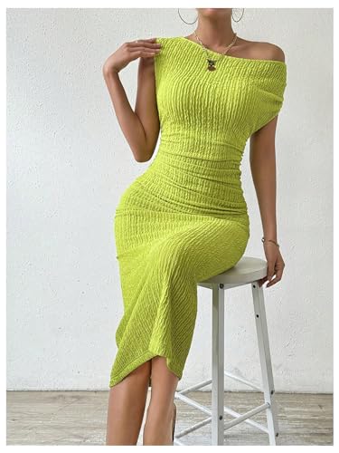 Image of SOLY HUX Women's Off Shoulder Short Sleeve Ruched Bodycon Dress Pencil Midi Dresses Solid Green Large