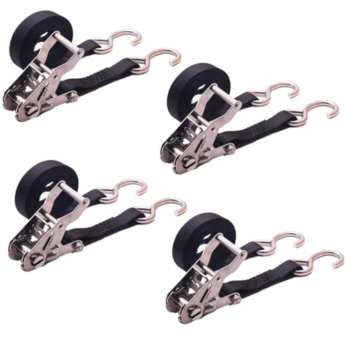 BoxerTool Stainless Steel Ratchet Straps S Hook 1”x10’ – 4 Pack – Marine Tie Down, Rust/Corrosion Resistant, Boats, Saltwater, Snow, 770LBS Break Strength