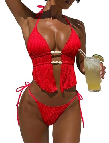 Image of ZAFUL Halter Swimsuits for Women Textured Backless 2 Piece Bathing Suits Cheeky High Cut String Tie Side Bikini Sets