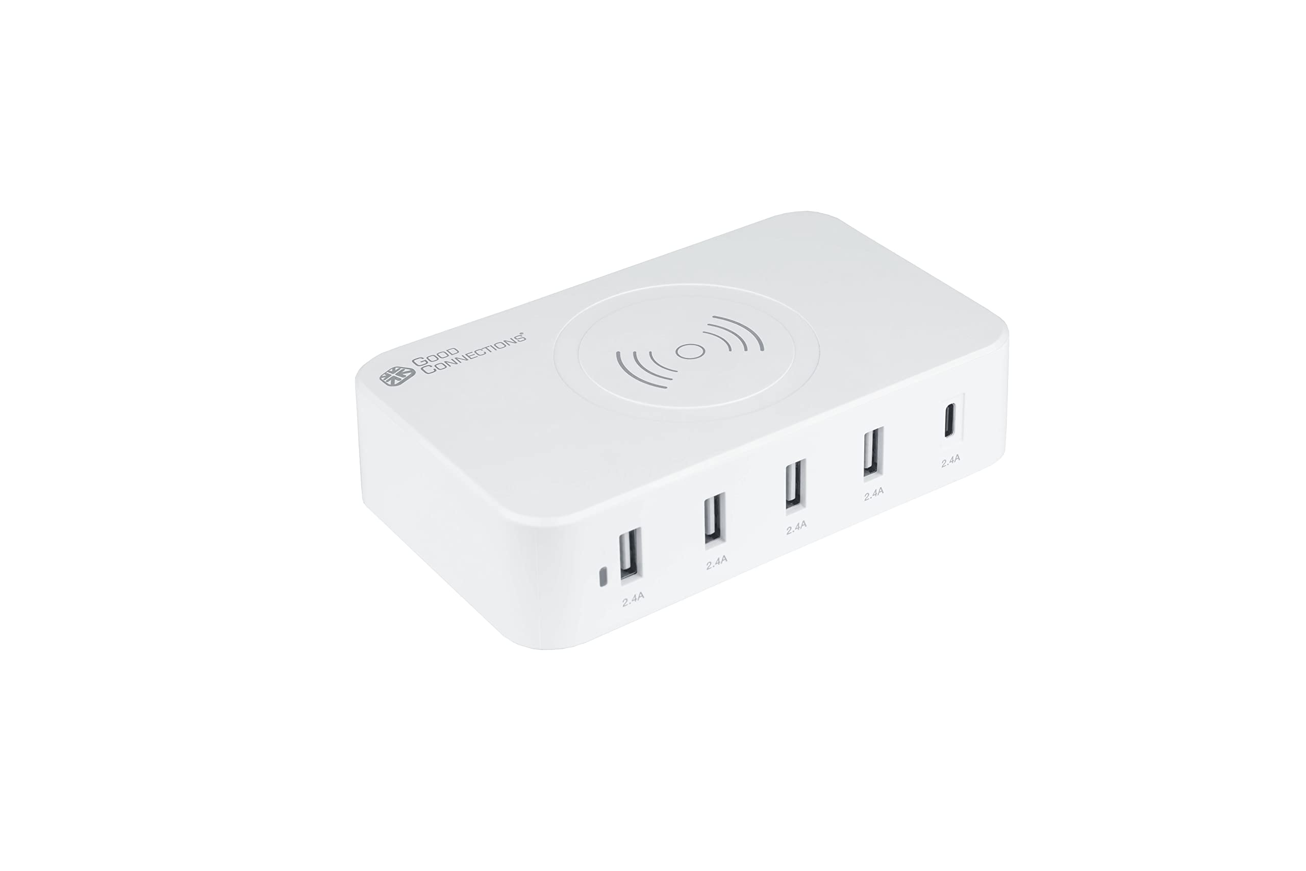 Good Connections Stazione di Ricarica Rapida USB 60 W – 5 Porte – 1 x USB C Max. 12 W e 4 x USB A Max. 12 W, Totale Max. 60 W – e 10 W Wireless Qi – per Smartphone, Tablet, iPhone, iPad ECC. – Bianco