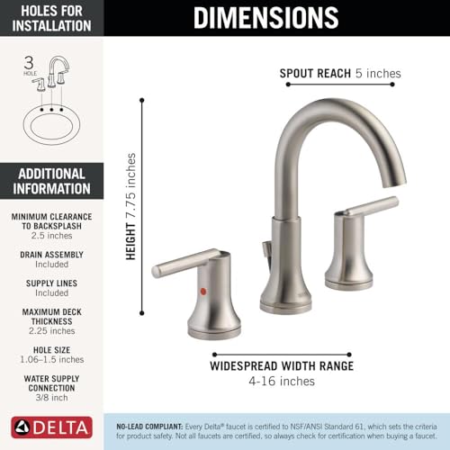 Delta Trinsic Brushed Nickel Bathroom Faucet 3 Hole, 8 Inch Widespread Bathroom Sink Faucet for Vanity, Metal Push-Pop Drain Assembly, Stainless 3559-SSMPU-DST by DELTA - Used condition - Image 3