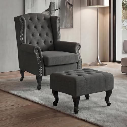 Mendler Sessel Chesterfield, Relaxsessel Clubsessel Ohrensessel, wasserabweisend Stoff/Textil - dunkelgrau mit Ottomane – Bild 3