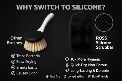 Image of Ross Silicone Body Scrubber for Bath & Shower | Soft Exfoliating Silicone Loofah Brush with Easy Grip | Hygienic, Quick Dry, Durable Body Scrubber for Deep Cleansing & Gentle Skin Care for Men & Women (Black, Pack of 1)