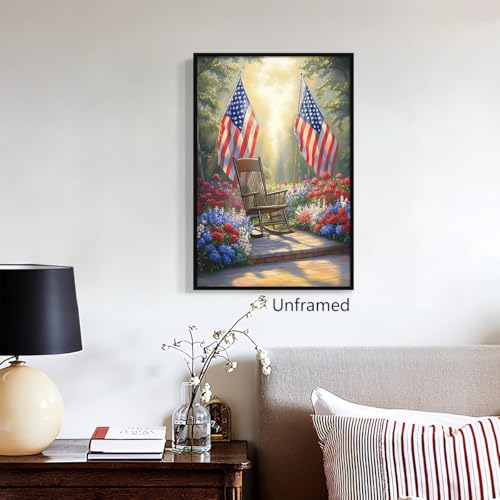 Image of American Flag Canvas Wall Art, 4th of July Patriotic Poster Print, USA Flag and Garden Floral Landscape Picture, Rustic Independence Day Wall Decor for Bedroom Living Room 16x24in Framed