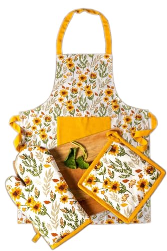 Image of Pixel Home Printed Apron with Centre Pocket Cotton with Glove and Pot Holder (Small Flower)