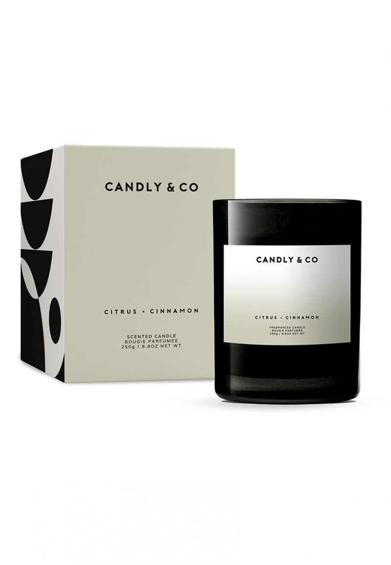 Candly&Co No. 3 Frische Zitrusfrüchte - Zimt/Luxury Duftkerze/ 100% Soya/Rauchglas/Docht aus Baumwolle/ 250g/ frische Zitrusfrüchte, Zimt, weiße Blüten, süße Vanille, Zedernholz, Amber/EU-Produktion