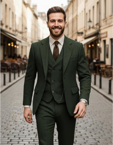 Men's Suits Slim Fit 3 Pieces Double Breasted Tweed Herringbone Jacket+Vest+Trousers Wedding Grooms3