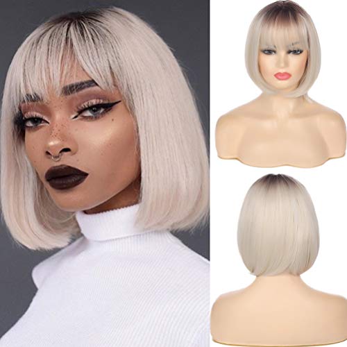 Womens Short Blonde Wig Synthetic Ombre Blonde Bob Wig with Bangs Natural Straight Hair Wig for Party Daily Wear