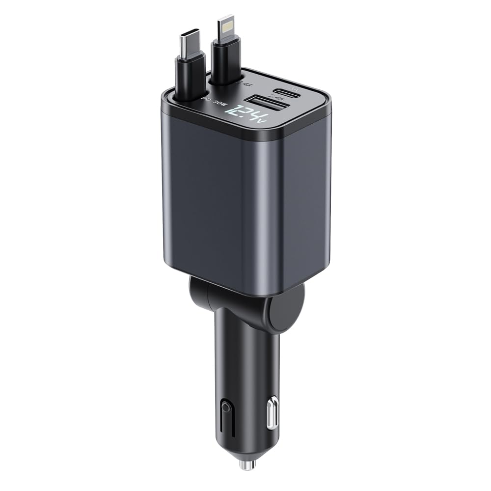Cargador de coche retráctil 4 en 1, cargadores de coche de carga súper rápida, con 2 cables retráctiles y 2 puertos UBS, adaptador de coche para iPhone 16/15/14/13/12 Series y para Android