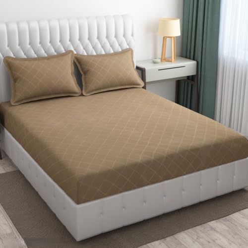 Image of Blue Strip Polycotton Bedsheet, Double 90x100 (Sand Beige) | Hotel Quality | Soft, Breathable & Colourfast | Wrinkle Resistant | Machine Washable | Pillow Covers Included