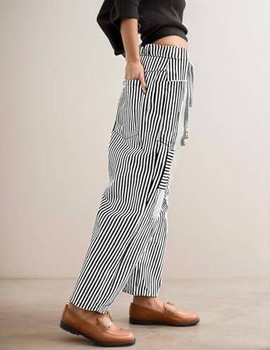 Barrel Jeans for Women Striped Drawstring Patchwork Pants Wide Leg Boyfriend Denim Pants4