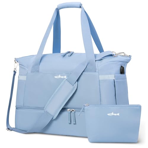 ETRONIK Gym Bag for Women, 45L Carry On Travel Duffel Bag with Shoes Compartment, Weekender Overnight Bag with Wet Pocket & USB Charging Port for Women, Travel, Gym, Weekend, Large Size (Beige)