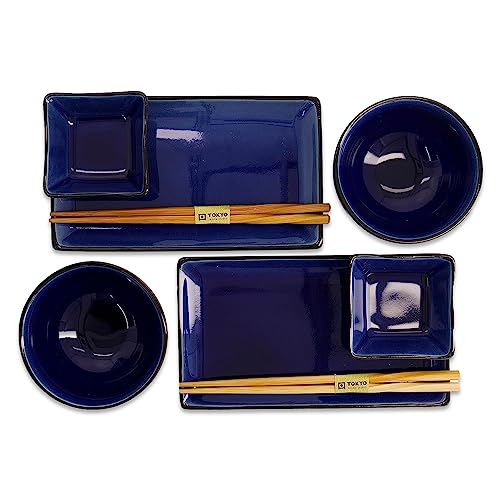 TOKYO design studio, Grau, Set mit 2 Teller + 2 Sauce Schalen + 2 Reis Schalen+ 2 Essstäbchen, 8-TLG, Steingut Besuche Store (Dunkelblau)
