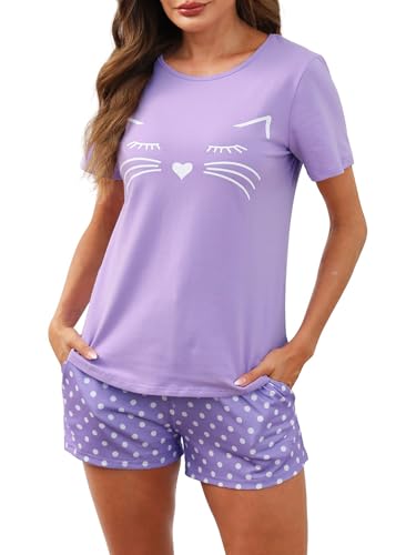 Reliwel Pijama Mujer Verano Algodon Manga Corta Suave Pijamas de Mujer 2 Piezas Impresión de Rayas de Gato Ropa de Dormir de Salón Camiseta y Pantalones Corto con Bolsillos y Cordón S-XXL