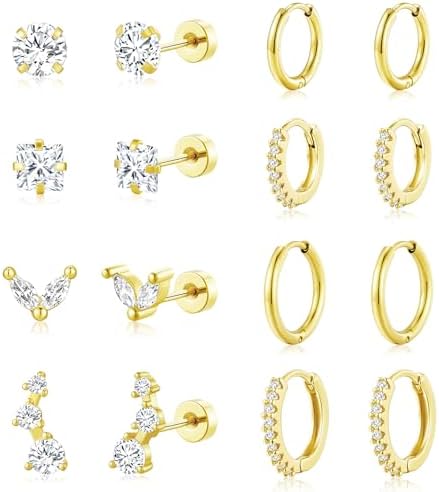 adoyi Hypoallergenic Surgical Steel Earrings for Sensitive Ears 14K Gold Plated Samll Huggie Hoops Earrings Flat Back Studs Stainless Steel Cartilage Earrings for Women Men Multiple Piercing