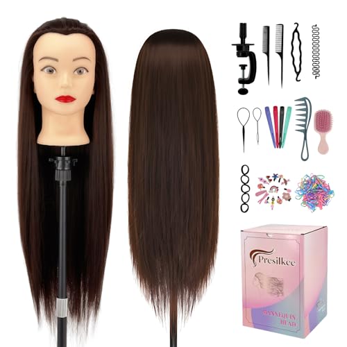 Presilkee 28 Cosmetology Mannequin Head With Hair - Doll Head For Hair Styling | Training Head For Braiding Cutting & Styling Practice | Includes Free Wig Stand & Hair Tools Set(Drak Brown)