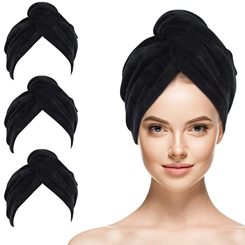 SINLAND Microfiber Hair Drying Cap Hair Towel Turban Twist for Long Hair Fast Drying Towels Head Turban Absorbent Soft Lightweight 3 Pack Black