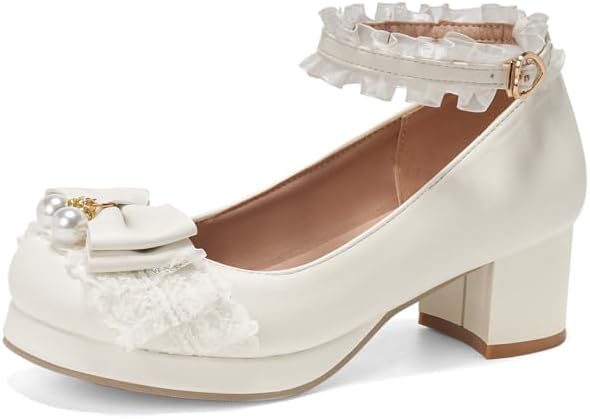 Seborluys Women's Sweet Lolita Cosplay Shoes Mid Chunky Heel Kawaii Platform Mary Jane Dress Pumps Ankle Strap with Lace Bow