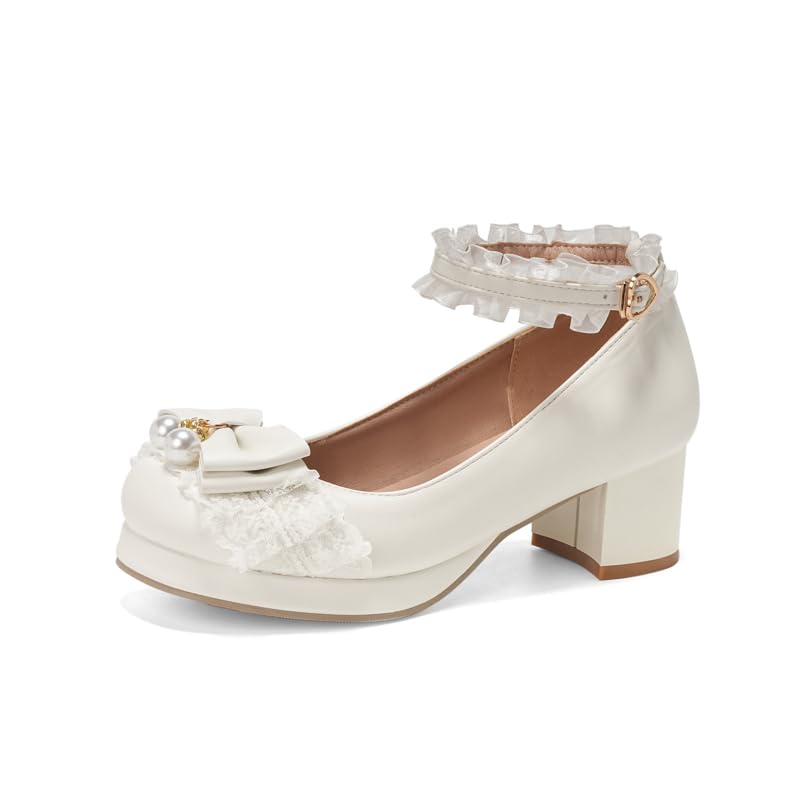 Seborluys Women's Sweet Lolita Cosplay Shoes Mid Chunky Heel Kawaii Platform Mary Jane Dress Pumps Ankle Strap with Lace Bow