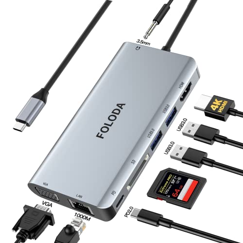 Hub Usb Ethernet HUB USB C,Docking Station USB C 4K HDMI, FOLODA 1080P VGA, RJ45 LAN Gigabits Ethernet, PD 100W con 2*USB 3.0, SD, Audio 3,5mm...