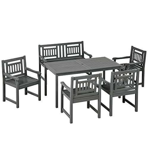 Outsunny 6 Piece Patio Dining Set, Outdoor Poplar Wood Furniture Set, Umbrella Hole Table and Chairs with Bench for Porch, Backyard, Balcony, Outside Garden, Dark Gray -  Aosom LLC, US84G-141V00CG0131