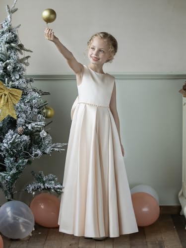 Girl's Glossy Satin Maxi Dress V-Back Formal Wedding Flower Girls Dresses Silky First Communion Gown2