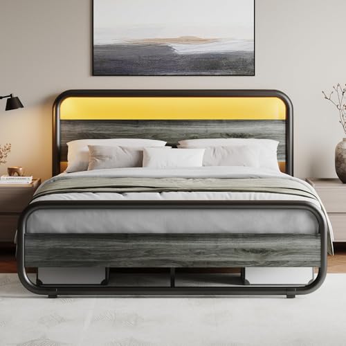 Image of Full Size Bed Frame, Wood Headboard and Footboard, LED Lights, Grey